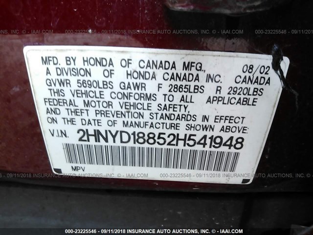 2HNYD18852H541948 - 2002 ACURA MDX TOURING MAROON photo 9