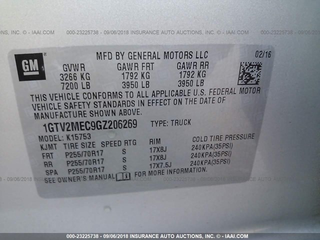 1GTV2MEC9GZ206269 - 2016 GMC SIERRA K1500 SLE SILVER photo 9