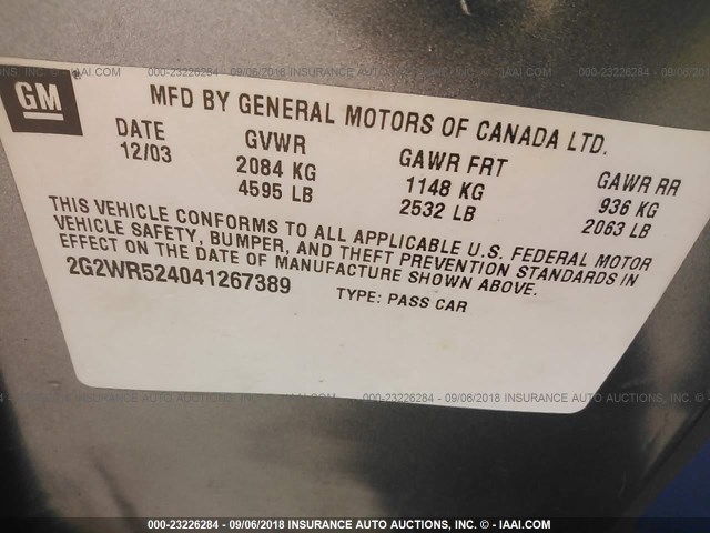 2G2WR524041267389 - 2004 PONTIAC GRAND PRIX GTP GRAY photo 9