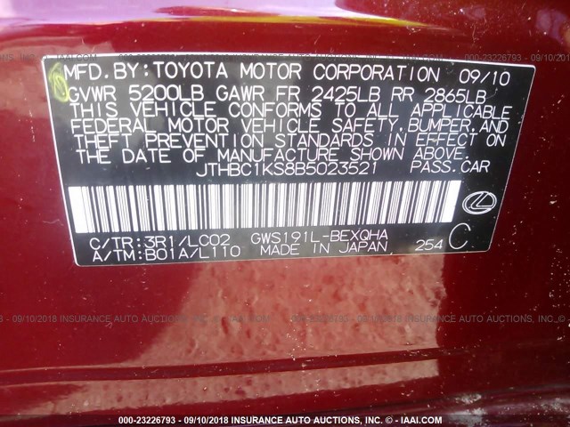 JTHBC1KS8B5023521 - 2011 LEXUS GS 450H RED photo 9