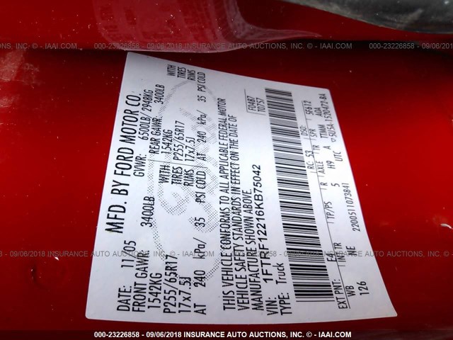 1FTRF12216KB75042 - 2006 FORD F150 RED photo 9
