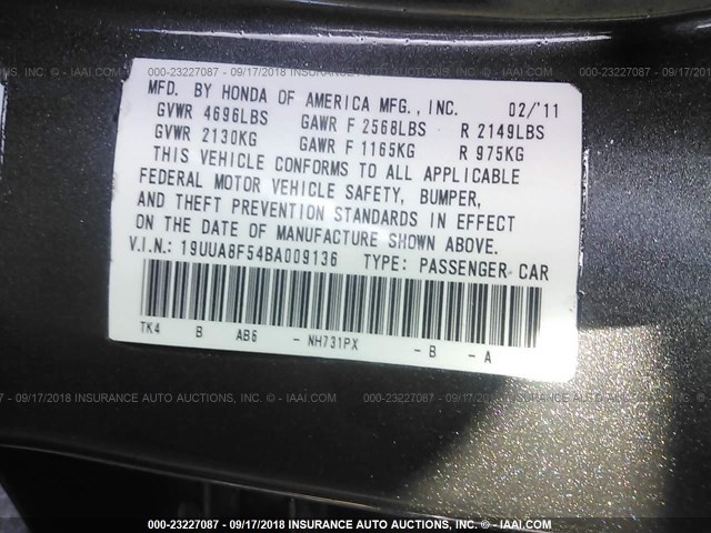 19UUA8F54BA009136 - 2011 ACURA TL BLACK photo 9