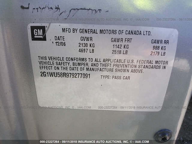 2G1WU58R979277091 - 2007 CHEVROLET IMPALA LTZ GRAY photo 9