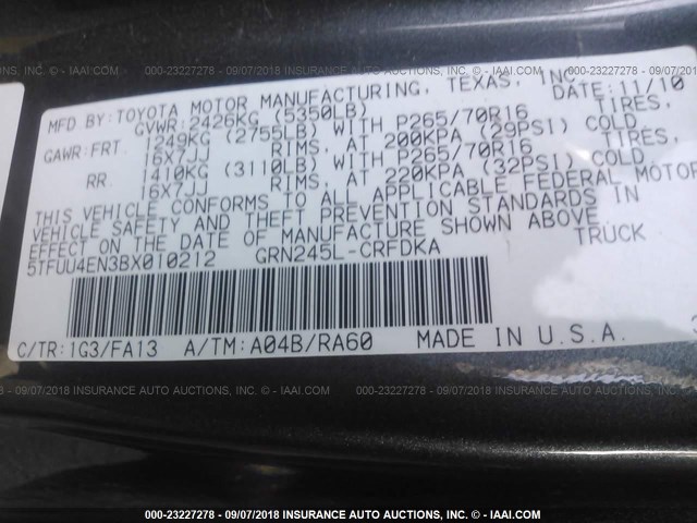 5TFUU4EN3BX010212 - 2011 TOYOTA TACOMA ACCESS CAB ნაცრისფერი ფოტო 9