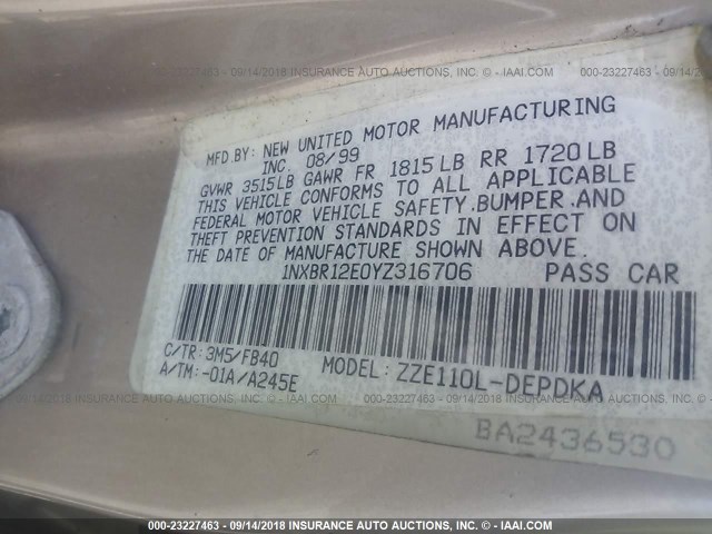 1NXBR12E0YZ316706 - 2000 TOYOTA COROLLA VE/CE/LE 金色 照片 9