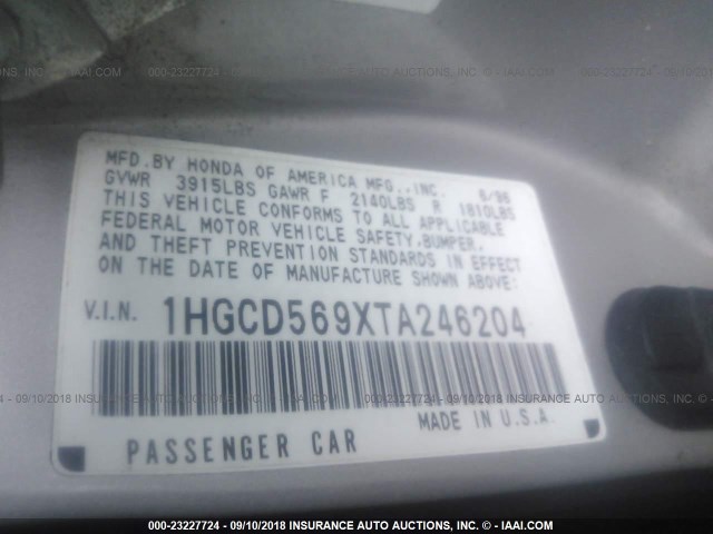 1HGCD569XTA246204 - 1996 HONDA ACCORD VALUE SILVER photo 9