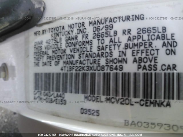 4T1BF22K3XU087649 - 1999 TOYOTA CAMRY LE/XLE WHITE photo 9