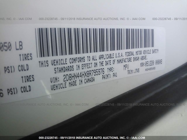 2D8HN44HX8R795976 - 2008 DODGE GRAND CARAVAN SE WHITE photo 9