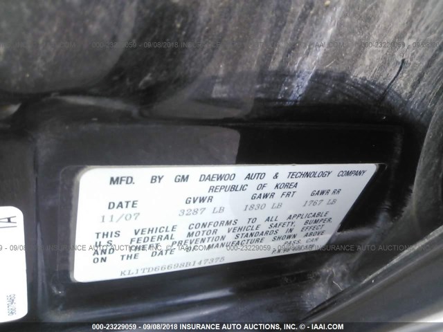 KL1TD66698B147375 - 2008 CHEVROLET AVEO LS BLACK photo 9