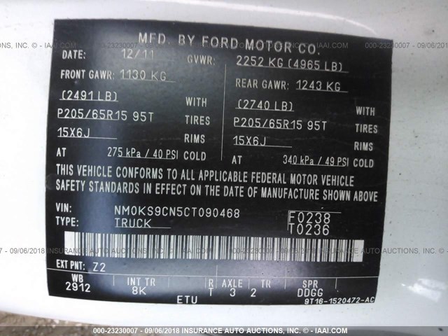 NM0KS9CN5CT090468 - 2012 FORD TRANSIT CONNECT XLT PREMIUM WHITE photo 9