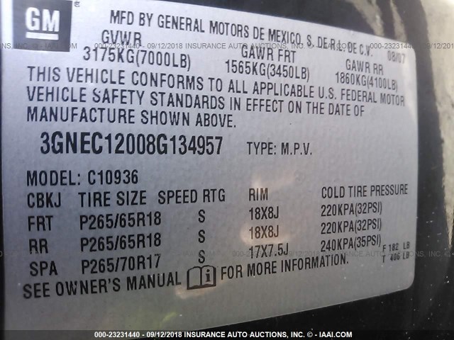 3GNEC12008G134957 - 2008 CHEVROLET AVALANCHE C1500 BLACK photo 9