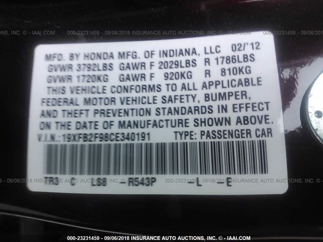 19XFB2F98CE340191 - 2012 HONDA CIVIC EXL Bordo foto 9