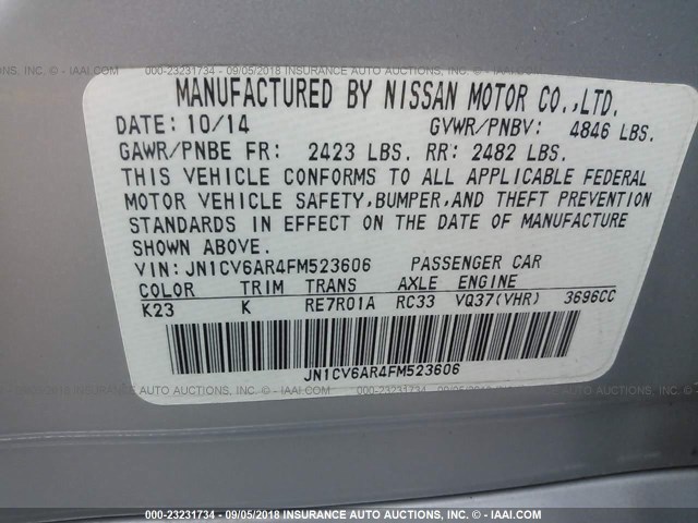 JN1CV6AR4FM523606 - 2015 INFINITI Q40 SILVER photo 9