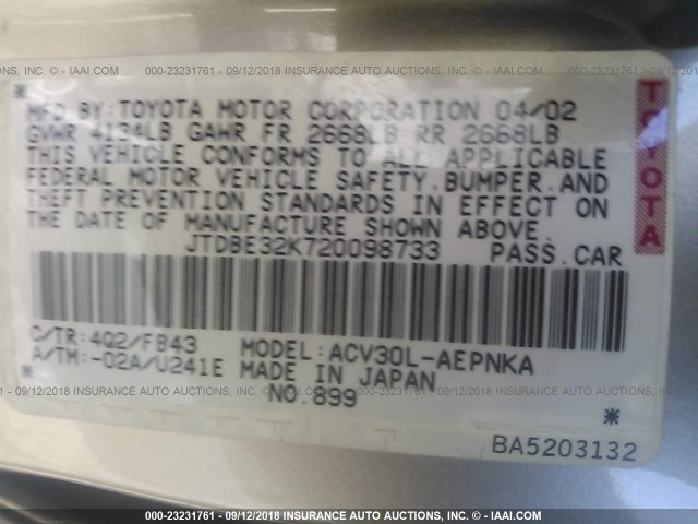 JTDBE32K720098733 - 2002 TOYOTA CAMRY LE/XLE/SE GOLD photo 9