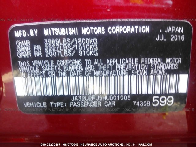 JA32U2FU5HU001005 - 2017 MITSUBISHI LANCER ES RED photo 9