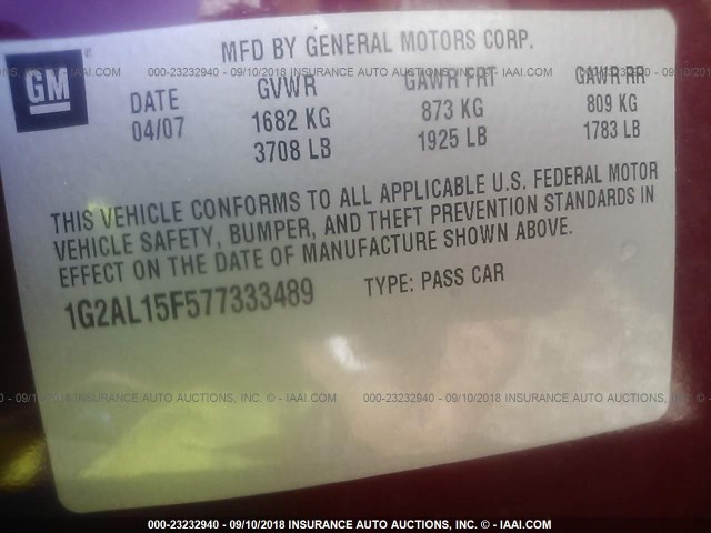 1G2AL15F577333489 - 2007 PONTIAC G5 BURGUNDY photo 9