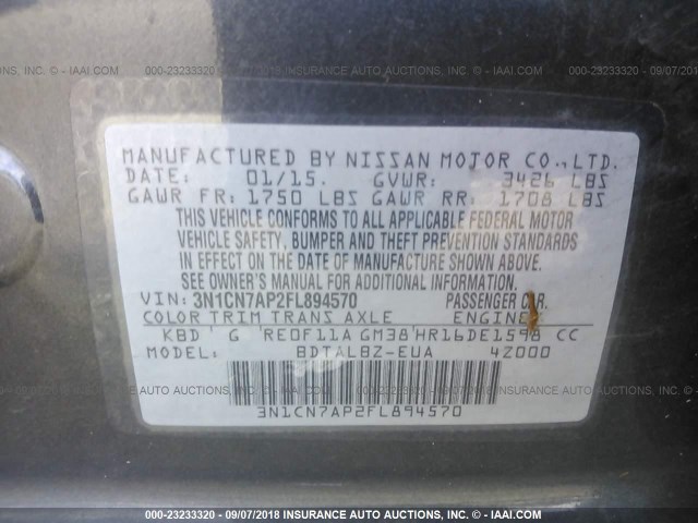 3N1CN7AP2FL894570 - 2015 NISSAN VERSA S/S PLUS/SV/SL GRAY photo 9