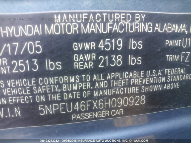 5NPEU46FX6H090928 - 2006 HYUNDAI SONATA GLS/LX BLUE photo 9