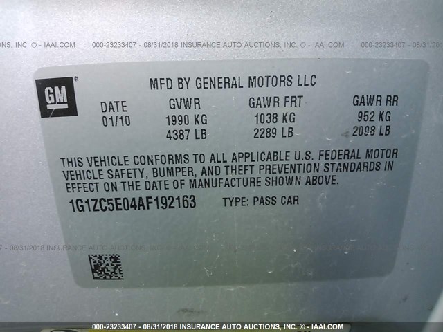 1G1ZC5E04AF192163 - 2010 CHEVROLET MALIBU 1LT SILVER photo 9