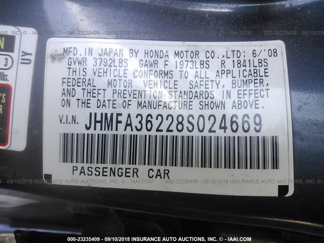 JHMFA36228S024669 - 2008 HONDA CIVIC HYBRID BLUE photo 9