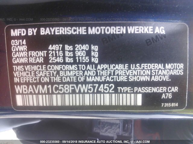 WBAVM1C58FVW57452 - 2015 BMW X1 SDRIVE28I BLUE photo 9