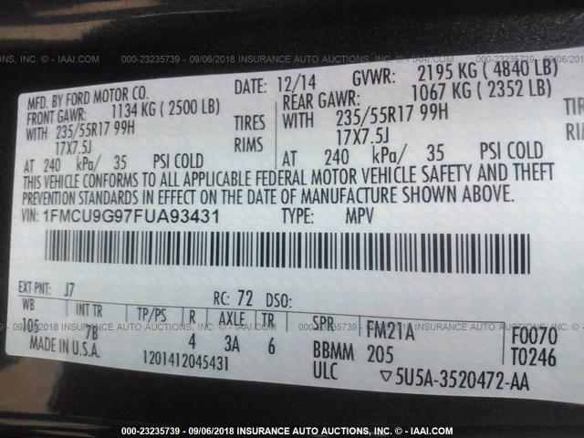 1FMCU9G97FUA93431 - 2015 FORD ESCAPE SE GRAY photo 9