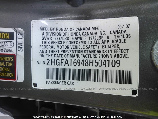 2HGFA16948H504109 - 2008 HONDA CIVIC EXL GRAY photo 9