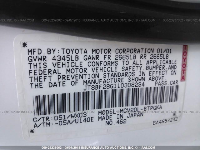 JT8BF28G110308234 - 2001 LEXUS ES 300 WHITE photo 9