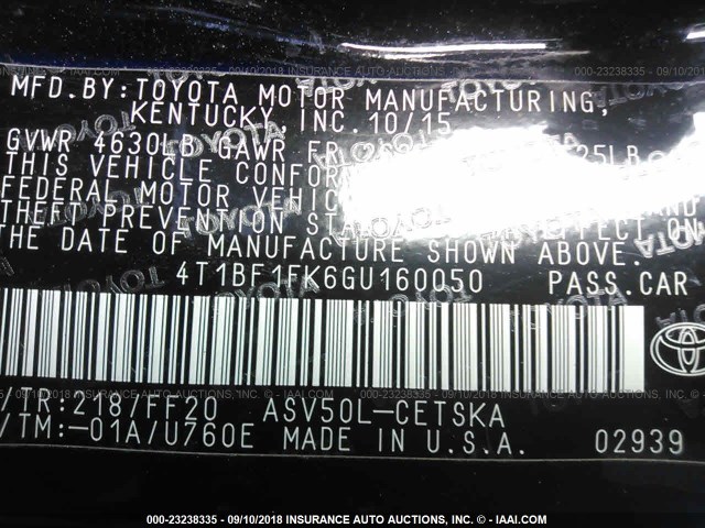 4T1BF1FK6GU160050 - 2016 TOYOTA CAMRY LE/XLE/SE/XSE BLACK photo 9