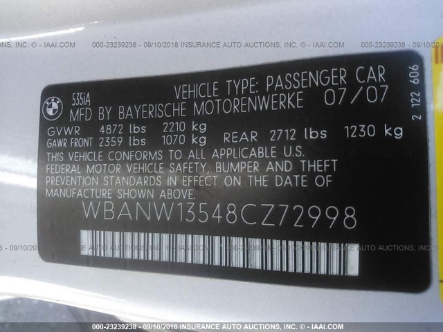 WBANW13548CZ72998 - 2008 BMW 535 I SILVER photo 9