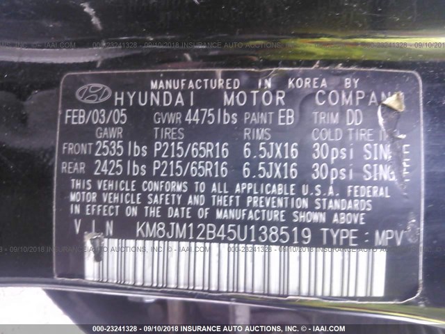 KM8JM12B45U138519 - 2005 HYUNDAI TUCSON GL BLACK photo 9