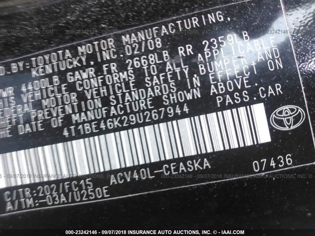 4T1BE46K29U267944 - 2009 TOYOTA CAMRY SE/LE/XLE BLACK photo 9