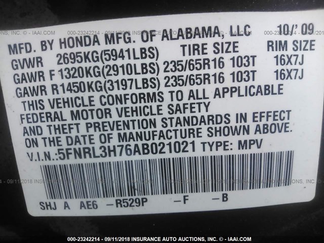 5FNRL3H76AB021021 - 2010 HONDA ODYSSEY EXL MAROON photo 9