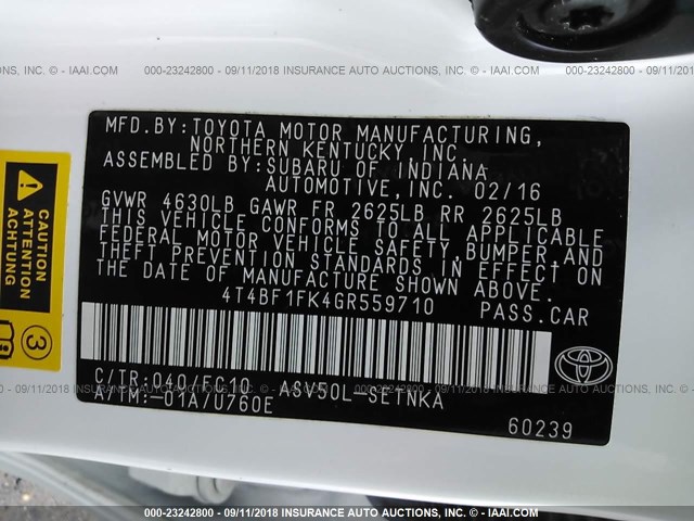 4T4BF1FK4GR559710 - 2016 TOYOTA CAMRY LE/XLE/SE/XSE WHITE photo 9