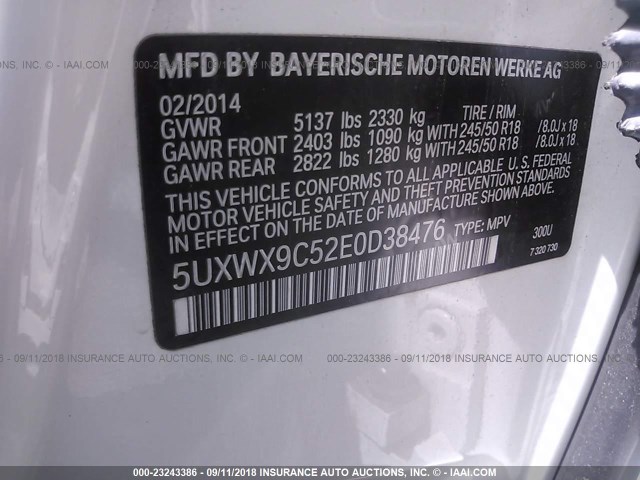 5UXWX9C52E0D38476 - 2014 BMW X3 XDRIVE28I WHITE photo 9