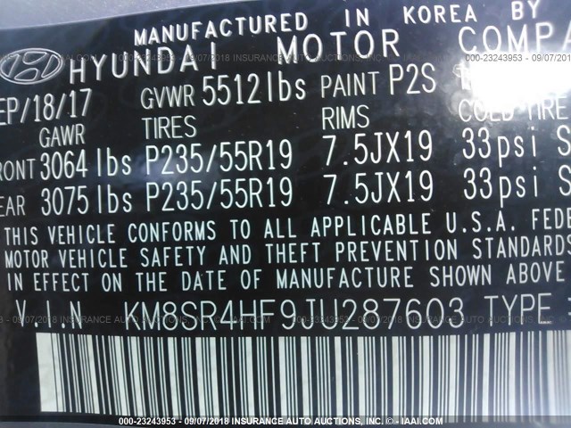 KM8SR4HF9JU287603 - 2018 HYUNDAI SANTA FE SE/LIMITED GRAY photo 9