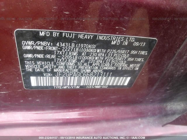 JF2GPAGC6E8213111 - 2014 SUBARU XV CROSSTREK 2.0 LIMITED MAROON photo 9