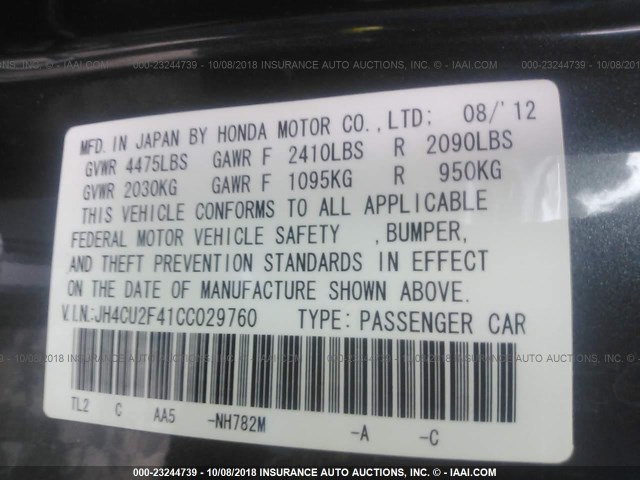 JH4CU2F41CC029760 - 2012 ACURA TSX GRAY photo 9