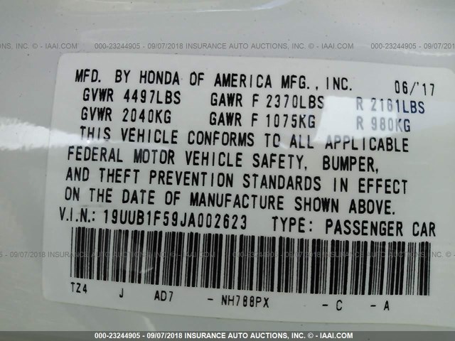 19UUB1F59JA002623 - 2018 ACURA TLX TECH WHITE photo 9