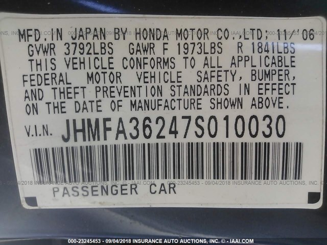 JHMFA36247S010030 - 2007 HONDA CIVIC HYBRID GRAY photo 9