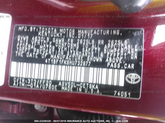 4T1BF1FK6HU732977 - 2017 TOYOTA CAMRY LE/XLE/SE/XSE RED photo 9