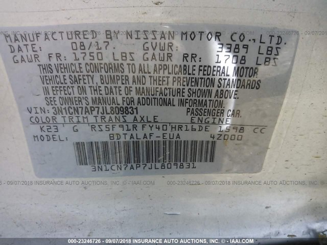 3N1CN7AP7JL809831 - 2018 NISSAN VERSA S/S PLUS/SV/SL SILVER photo 9