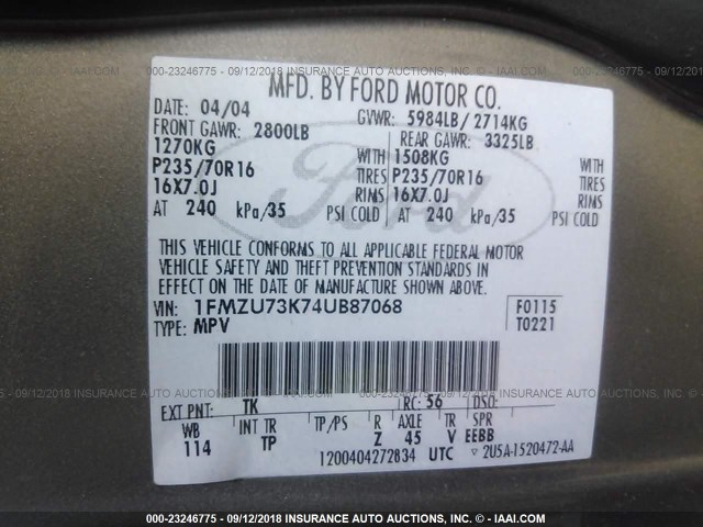 1FMZU73K74UB87068 - 2004 FORD EXPLORER XLT/XLT SPORT/NBX Boz foto 9