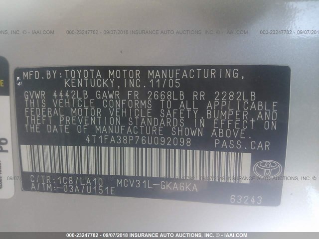 4T1FA38P76U092098 - 2006 TOYOTA CAMRY SOLARA SE/SLE Gümüş foto 9