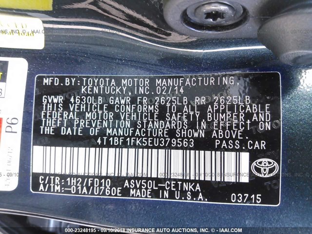 4T1BF1FK5EU379563 - 2014 TOYOTA CAMRY L/SE/LE/XLE 蓝色 照片 9