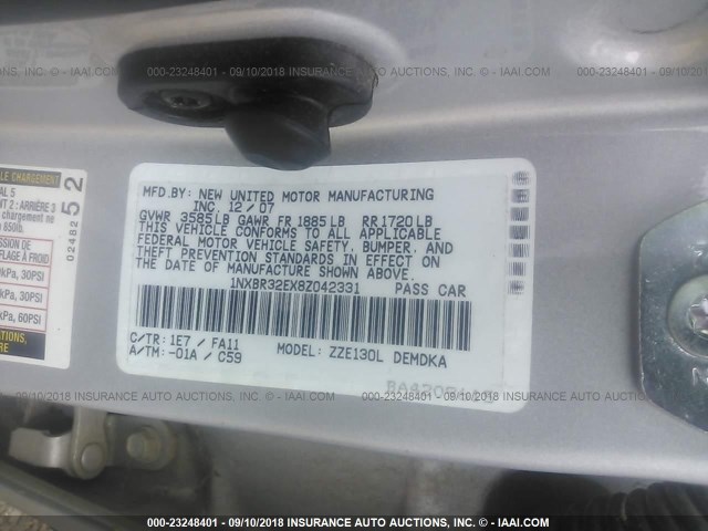 1NXBR32EX8Z042331 - 2008 TOYOTA COROLLA CE/LE/S SILVER photo 9