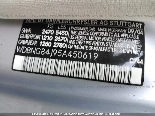 WDBNG84J95A450619 - 2005 MERCEDES-BENZ S 500 4MATIC SILVER photo 9