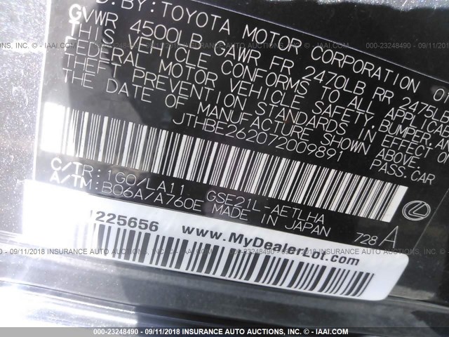 JTHBE262072009891 - 2007 LEXUS IS 350 GRAY photo 9