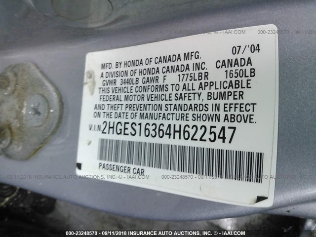 2HGES16364H622547 - 2004 HONDA CIVIC DX VP Gümüş foto 9