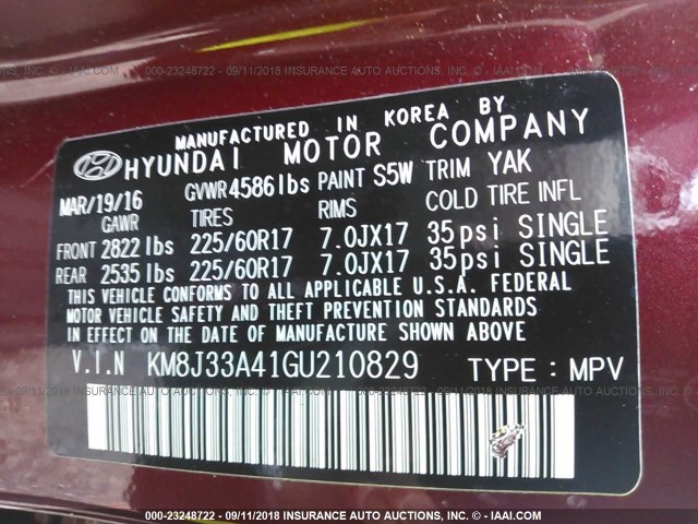 KM8J33A41GU210829 - 2016 HYUNDAI TUCSON LIMITED/SPORT AND ECO/SE RED photo 9